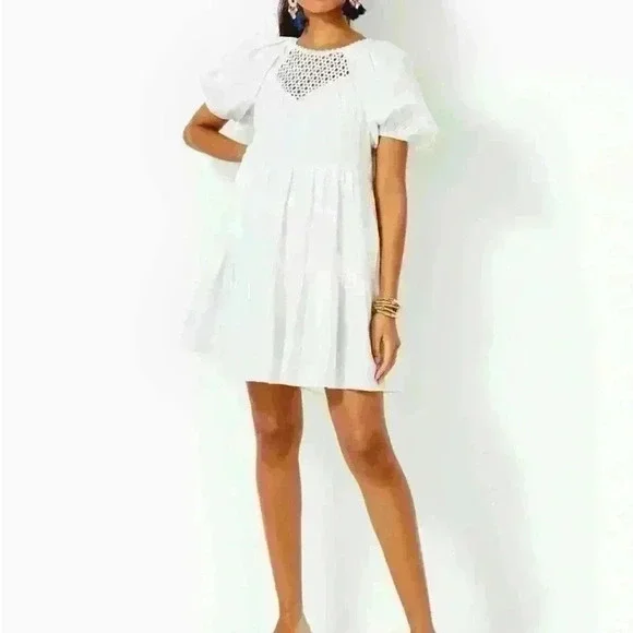 SALE Lilly Pulitzer Charlet Short Sleeve Linen Dress Party Resort White Sorority - Picture 5 of 6